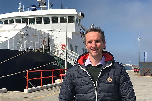 Liam by a ferry