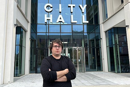 Paul Edgeworth at City Hall Councillor Paul Edgeworth with his armed folded standing in front of Sunderland Council's City Hall HQ